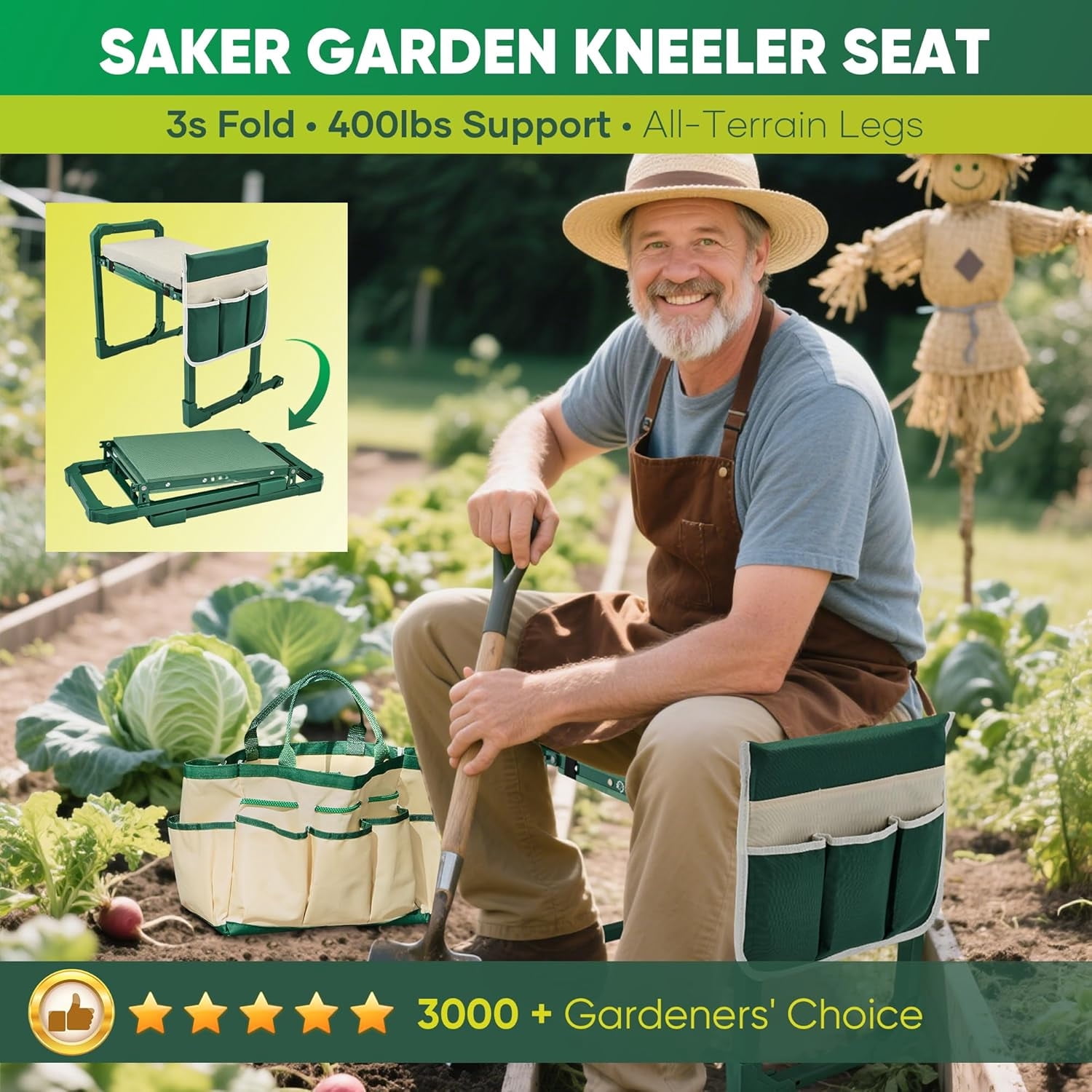 Saker Garden Kneeler and Seat Foldable Gardening Stool with Extendable Legs & Thickened Pad, Tool, Heavy Duty Support for Elderly, Gardening, Outdoor Use