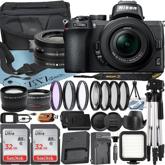 Nikon Z50 Mirrorless Camera with NIKKOR Z DX 16-50mm VR Zoom Lens   SanDisk 32GB Card   Case   Telephoto   Tripod   ZeeTech Accessory Bundle