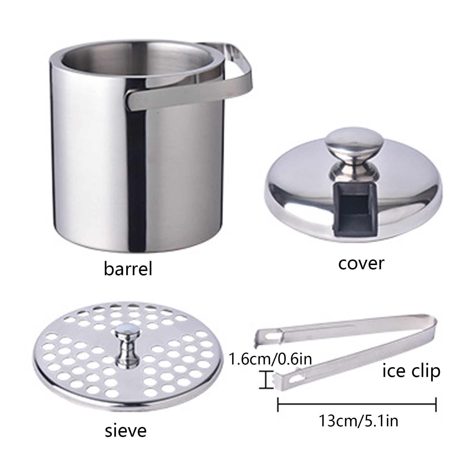 Loyalheartdy 1.3L Double-Wall Insulated Ice Bucket Stainless Steel Ice Cube Beverage Container Silver w/Ice Tongs + Lid