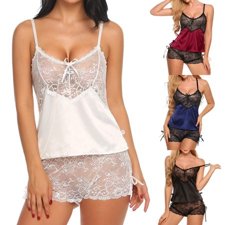 

Hopeup 1 Set Camisole Shorts Lace Sleeveless Women Suspender See Through Pajama Set for Sleeping
