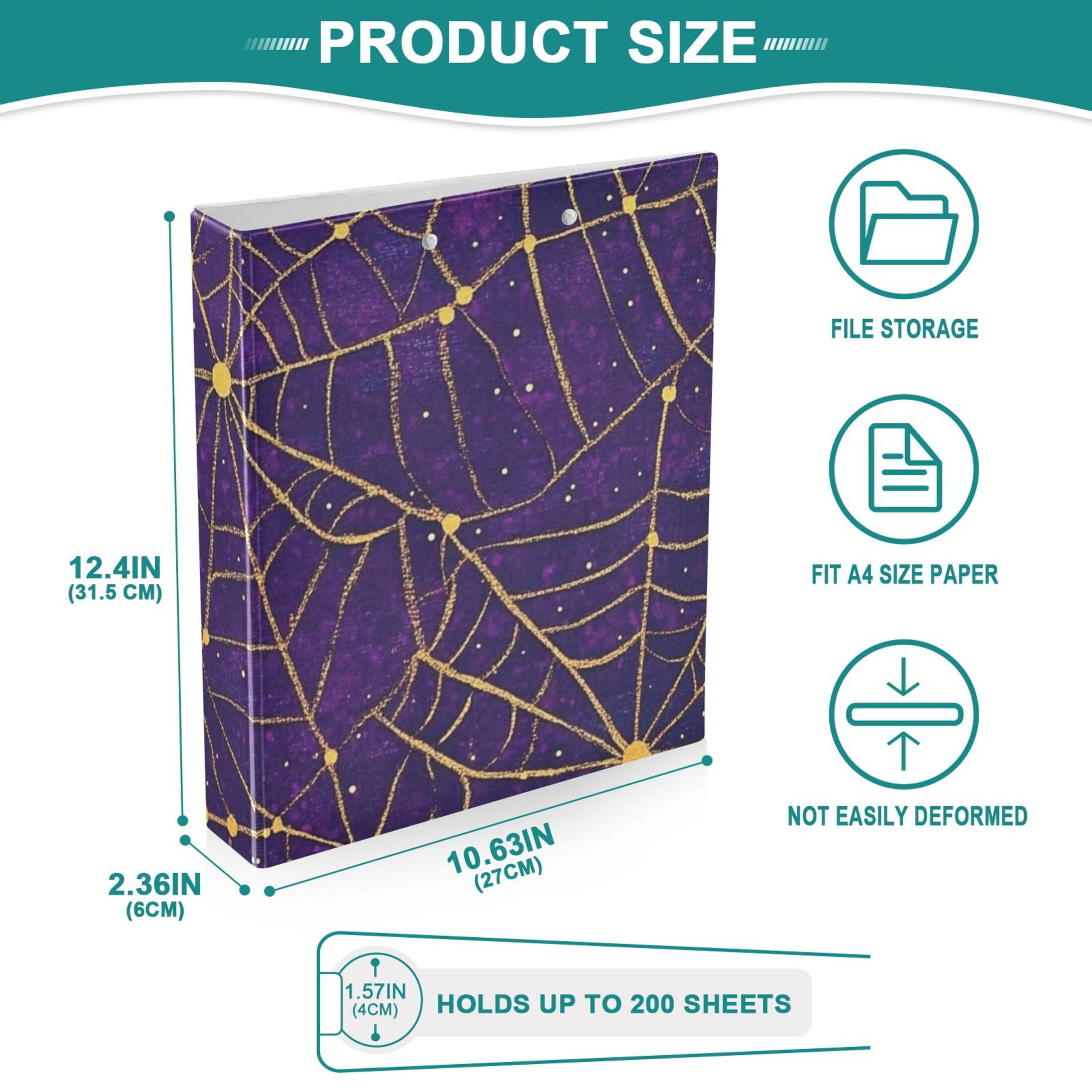Halloween Webs Golden 3 Ring Binders 1.5 inch Hardcover File Folders with Interior Pockets A4 Size Organizer for School Office Hospital