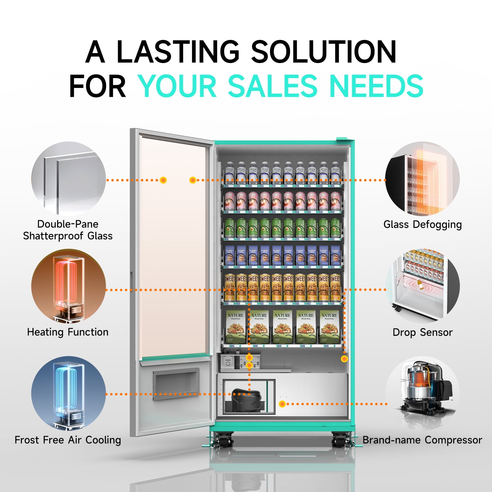 Large 60 Slots Snack Drink Commercial Vending Machine with Card Reader, NFC Cashless Payment Drink Vending Machine for Malls, Offices, Wide Variety Snack Beverage Sales