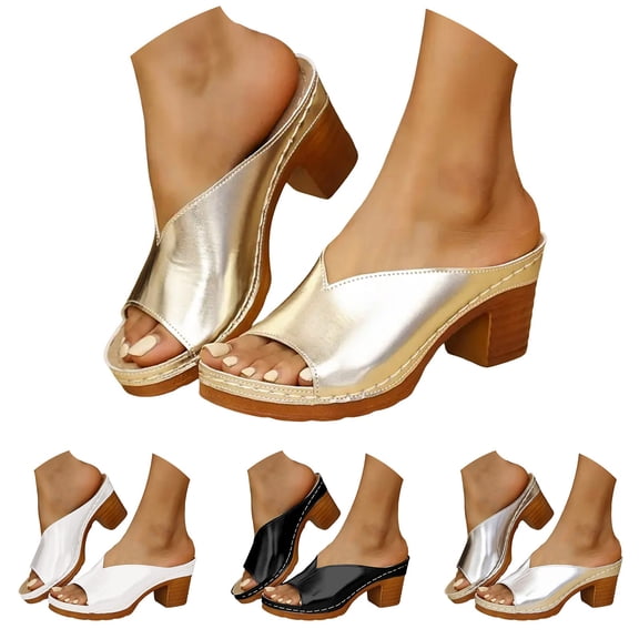Modisza Platform Block Heel Sandals for Women Open Toe Arch Support Slip on Outdoor Shoes Ladies Fashion Wide Width Slippers Black 6