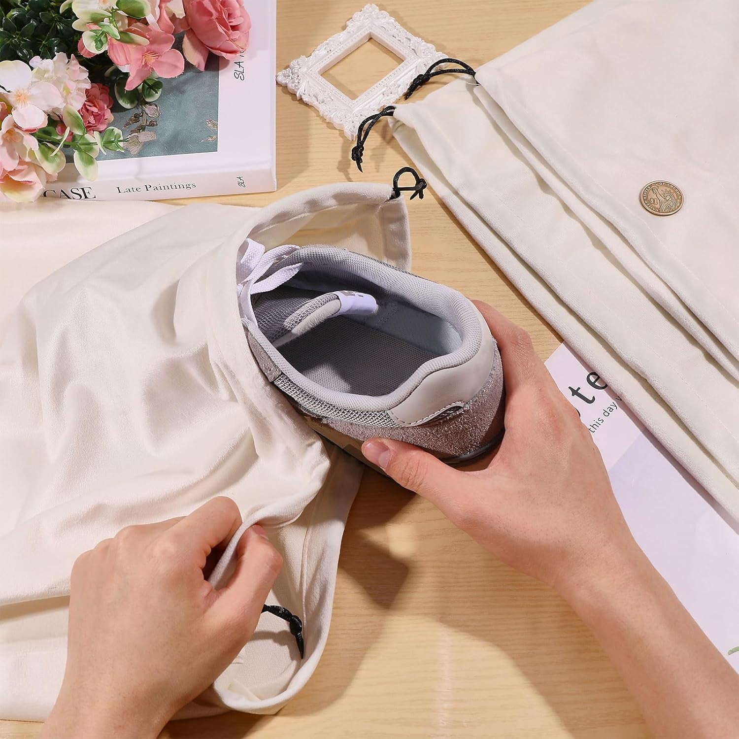 3 Pcs 3 Size Travel Shoe Bags for Packing 15.7''×11.8'' Shoe Storage Bag Dustproof Drawstring Travel Bags for Men and Women Travel Dorm Hotel College Gym, White