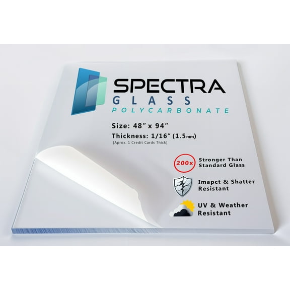 Spectra Glass Clear Polycarbonate Sheet with UV Coating. Lightweight and 200x Stronger Than Glass. 48" x 94" x 1/16"