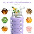 thumbnail image 6 of MUKOKO 32oz Glass Water Bottles, Motivational Water Tumbler with 2 Lids-Handle Spout Lid&Bamboo Straw Lid, Time Marker Reminder and Silicone Sleeve, Purple, 6 of 8