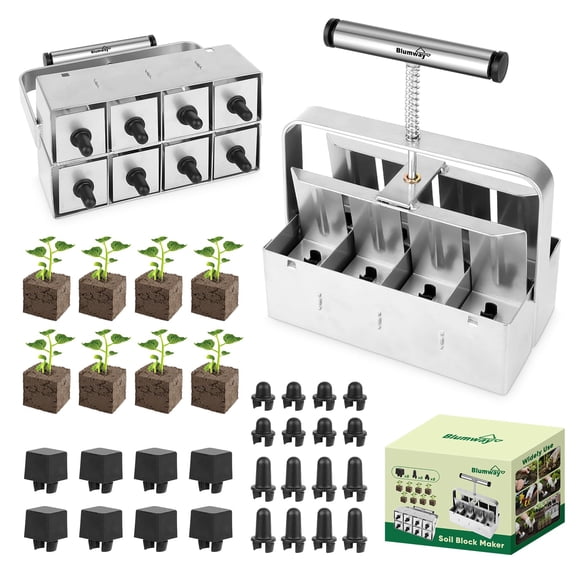 BlumWay Upgraded Soil Blocker, 8 Cell Seed Blocker 2 inch Quad Soil Block Maker Manual with 3 Types of Block Pins, Hand-held Soil Blocking