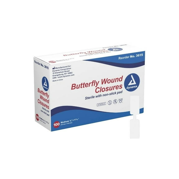Dynarex Butterfly Closure Flexible Adhesive Bandage, White, 3/8" x 1 13/16", 100 Count