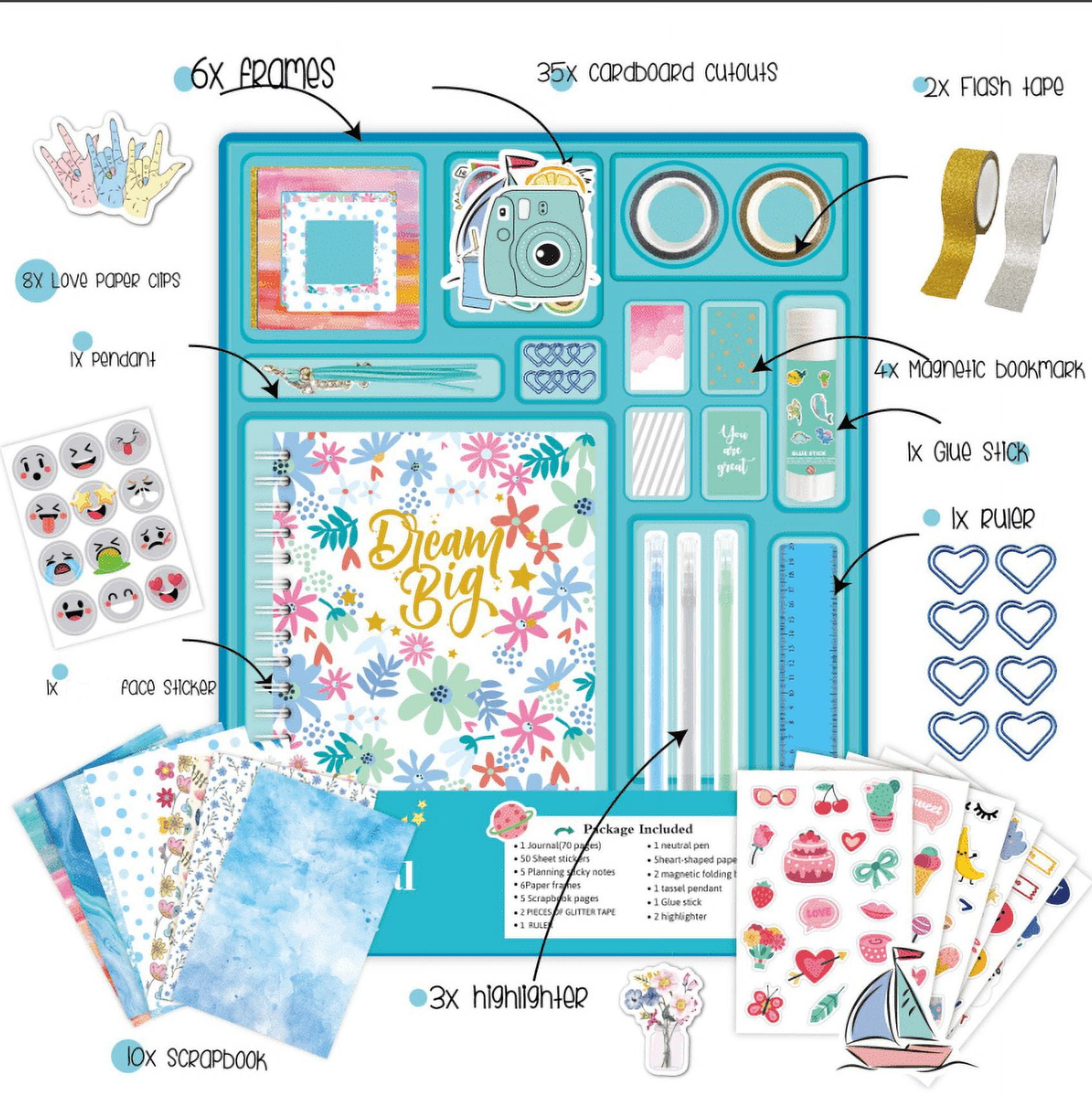 DIY Journal Kit for Girls - 48pcs DIY Journal Set for Tween & Teen Girls, Scrapbook & Diary Supplies Set, Cute Journaling Art Crafts for Kids, Cool Birthday Gifts for Teen Girls,Blue