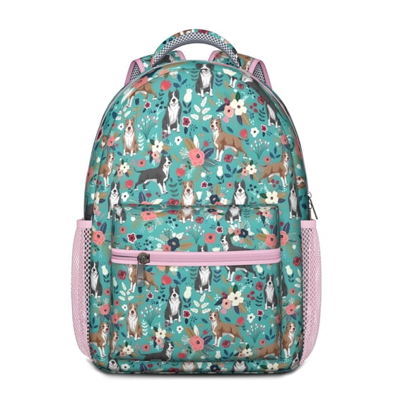 Pitbull Dog and Flower Floral Backpack for School,Cute School Bag,Schoolbag with Adjustable Shoulder Straps & Padded Back,15.3"x11"x6.7"