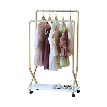 Kids Clothing Racks, Freestanding Clothing Rack with Storage Shelf & Double Hanging Rod, Metal Garment Racks, Child Dress up Racks Costumes Organizer(Gold&White)