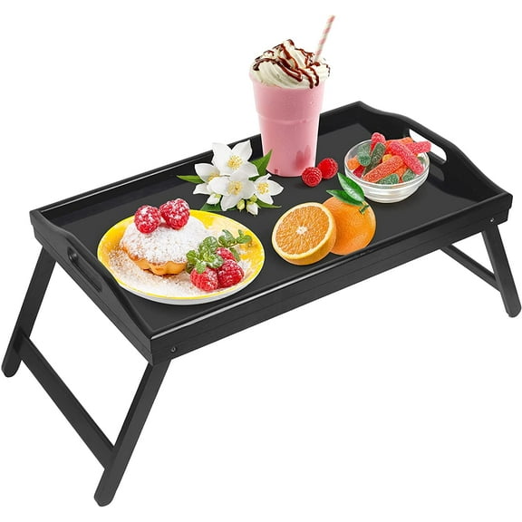 Wulawindy Bamboo Bed Tray with Folding Legs, Rectangle Wooden Breakfast Dinner Tea TV Tray, 20''x12", Black