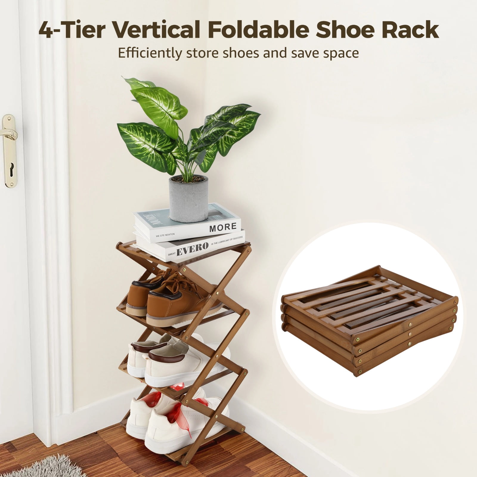 4-Tier Vertical Foldable Shoe Rack, Space-Saving Wood Rack Organizer, No Installation Required, Narrow Design for Entryway, Closet, and Living Room, 21 x 9.5 x 9.5 in Brown
