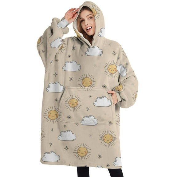 Oversized Wearable Blanket Hoodie,Beige Sun Cloud Star Pattern Sherpa Blanket Hoodie with Super Pockets,Super Warm Fuzzy Pullover for Women & Men
