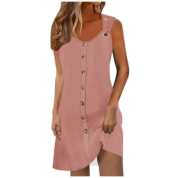 Camisón de poliéster para mujer, vestido de tirantes con cuello en V y botones para vacaciones de primavera y verano.