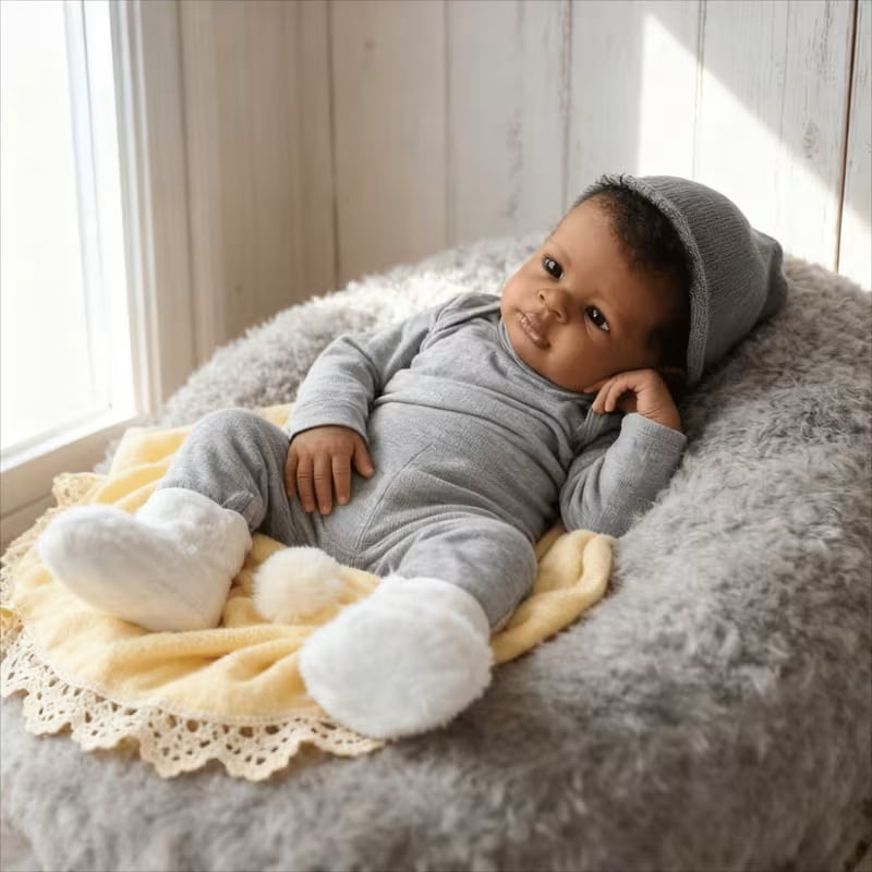 20 Inch Reborn Baby Doll Black Doll, Lifelike Baby Doll with Soft Cloth Body, Hand Rooted Curly Hair, Realistic African American Doll Toy for Kids Age 3+
