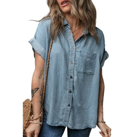 Women's Dusk Blue Folded Short Sleeve Denim Shirt with Patched Pocket - [ZhiHiMeRi] | (US 12-14)L