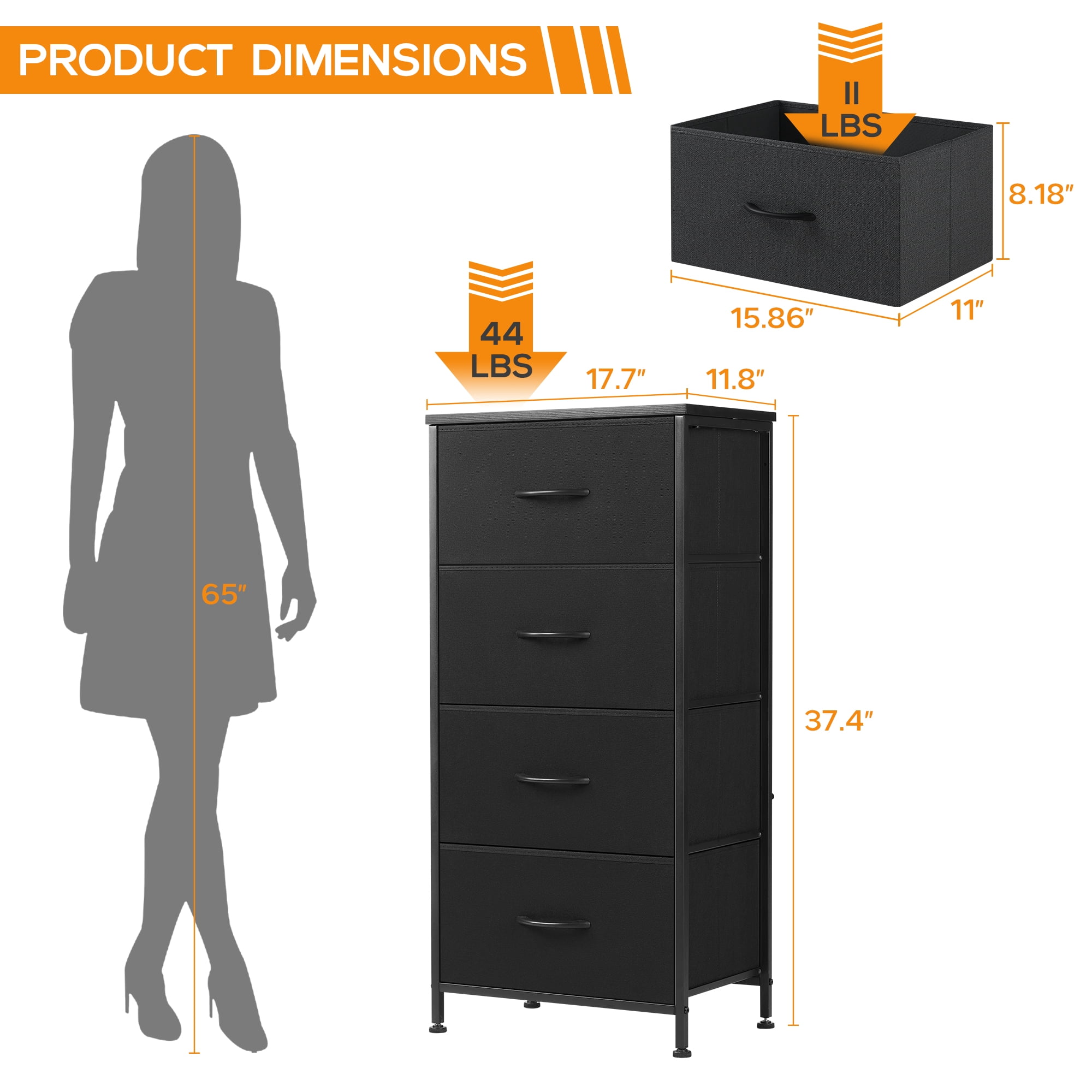 ACCVER Dresser for Bedroom 4 Storage Drawer, Fabric Closet Chests Organizer Tower with Wooden Top Metal Frame for Living Room Hallway Entryway
