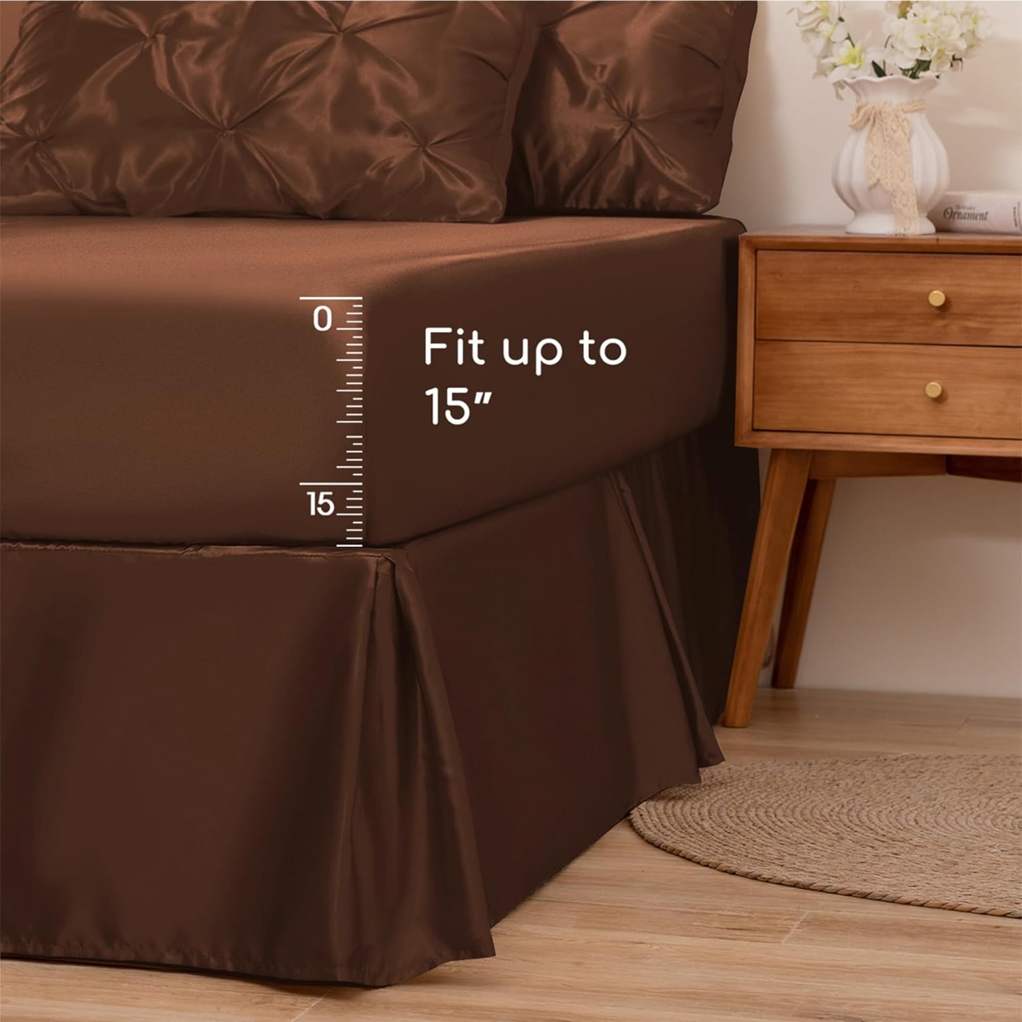 MR&HM Satin Comforter Set Full Size 7 Pieces - Luxurious Pinch Pleat Bedding Set, Silky Full Comforter, Flat Sheet, Deep Pocket Fitted Sheet with Corner Straps, Satin Pillowcases & Shams (Brown)
