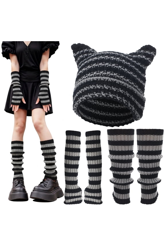 5 Pcs Y2k Beanie Hats Set for Women, Cute Knitted Striped Arm Warmers Leg Warmers 80s Crochet Cat Ear Beanie Grunge Accessories