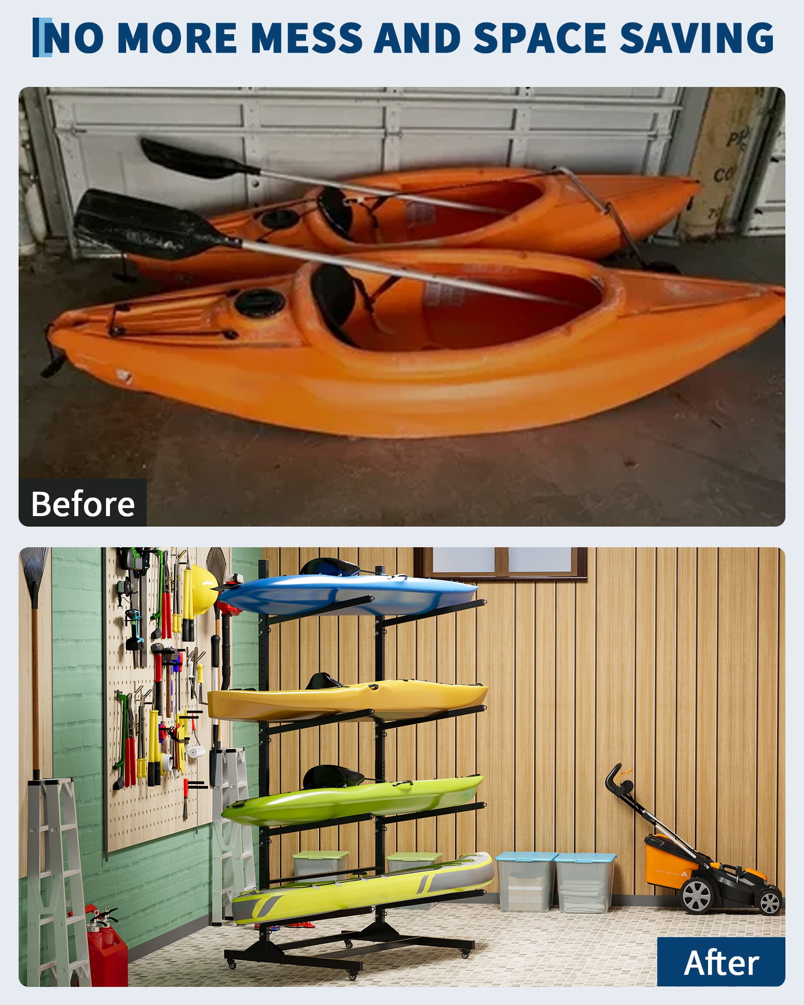 Mescukay Freestanding Kayak Storage Rack for 4 Kayaks, Outdoor Kayak Storage Racks with Wheels, Kayak Stand Heavy Duty Storage for Canoe, SUP and Surfboard