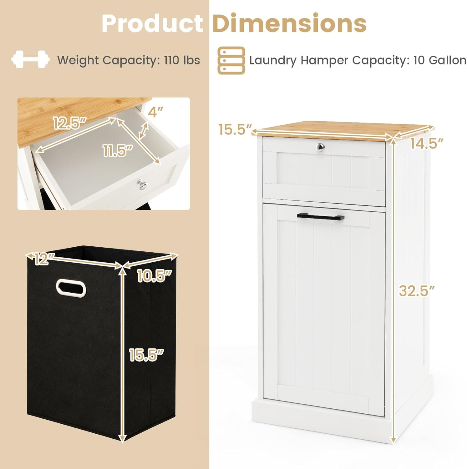 Tilt Out Laundry Cabinet, 10 Gallon Wood Hidden Hamper Cabinet with Removable Basket, Drawer, Bamboo Countertop, Bathroom Storage Cabinet, White