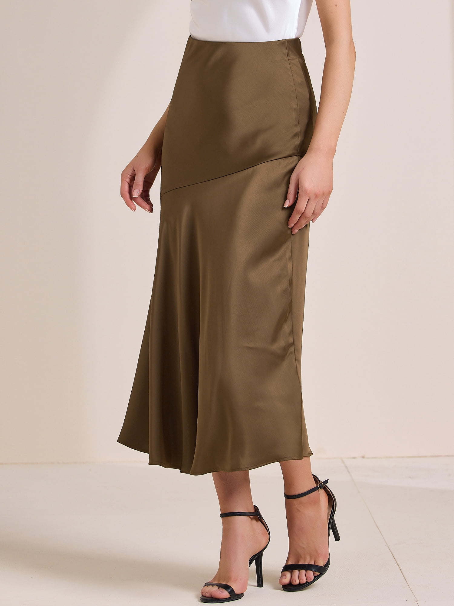 DARING DIVA Women's Satin High Waist Flowy Elegant Mermaid Maxi Skirts S Brown