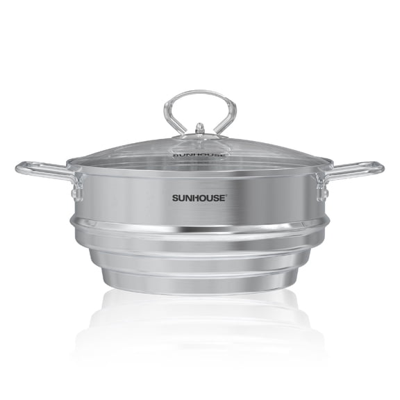 SUNHOUSE Stainless Steel Steamer Basket For Pot – 5 QT Universal Food & Vegetable Steamer Insert with Stay Cool Handles & Glass Lid – Fits Various Pot Sizes (8", 8.5", 9.5")