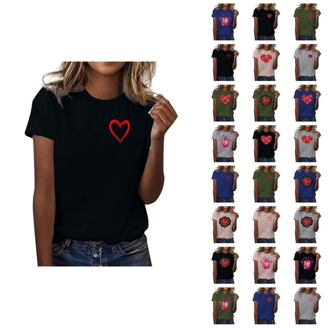 T-shirts de la Saint-Valentin pour Femmes 2026 Mode Manches Courtes Col Rond Cœur Graphique
