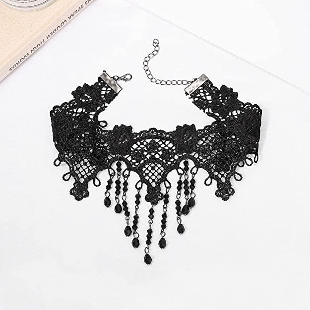 1 Uds. Gargantilla de encaje negro, collar de cuentas, collares con borlas, Gargantilla de flores huecas góticas, accesorios de joyería para mujeres y niñas ER