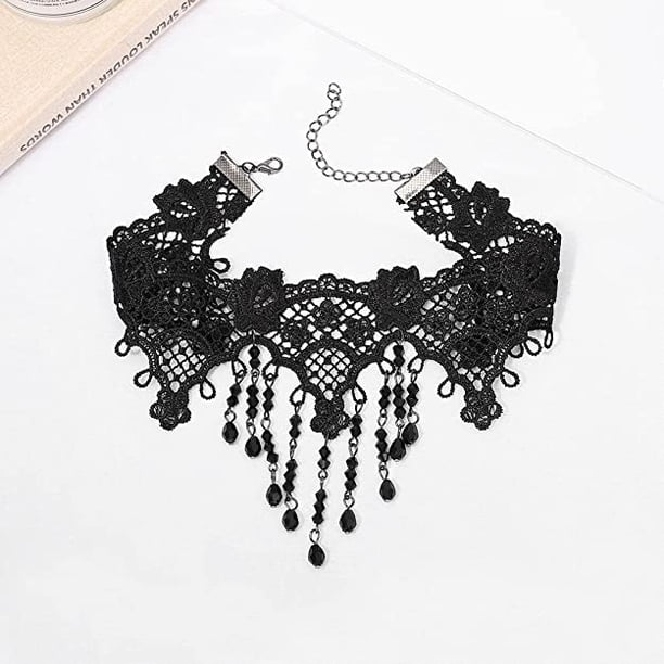 1 Uds. Gargantilla de encaje negro, collar de cuentas, collares con borlas, Gargantilla de flores huecas góticas, accesorios de joyería para mujeres y niñas