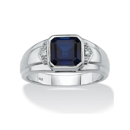 - Men's Created Blue Sapphire and Diamond Accent Ring 2.50 TCW in Platinum over Sterling Silver