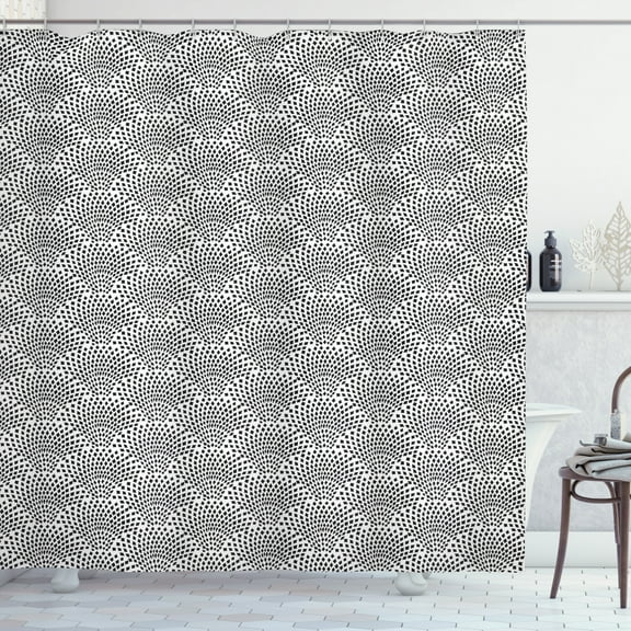 Abstract Shower Curtain, Monochromatic Geometric Dotted Abstract Pattern on Plain Background Print, Fabric Bathroom Set with Hooks, 69W X 75L Inches Long, White and Black, by Ambesonne
