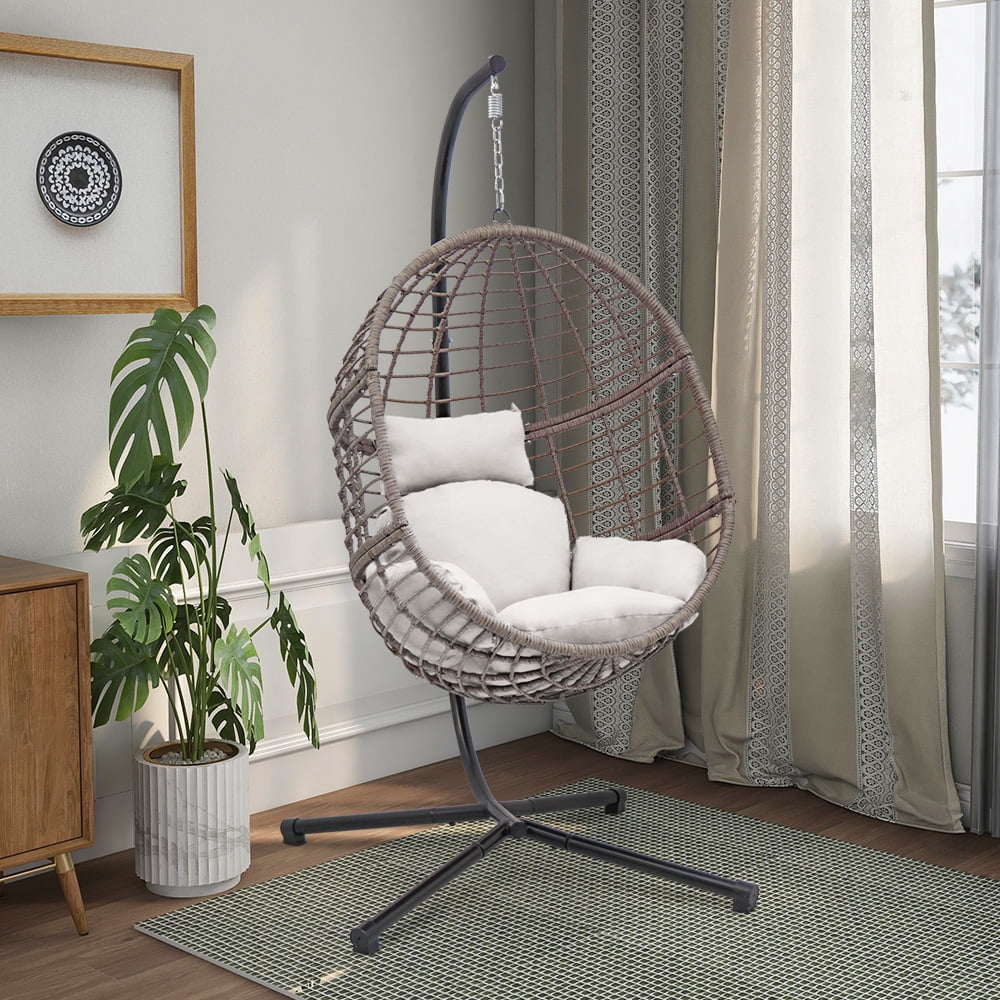 Abble Indoor Outdoor Wicker Hanging Egg Chair with Stand, Gray Swing Chair with White Cushion