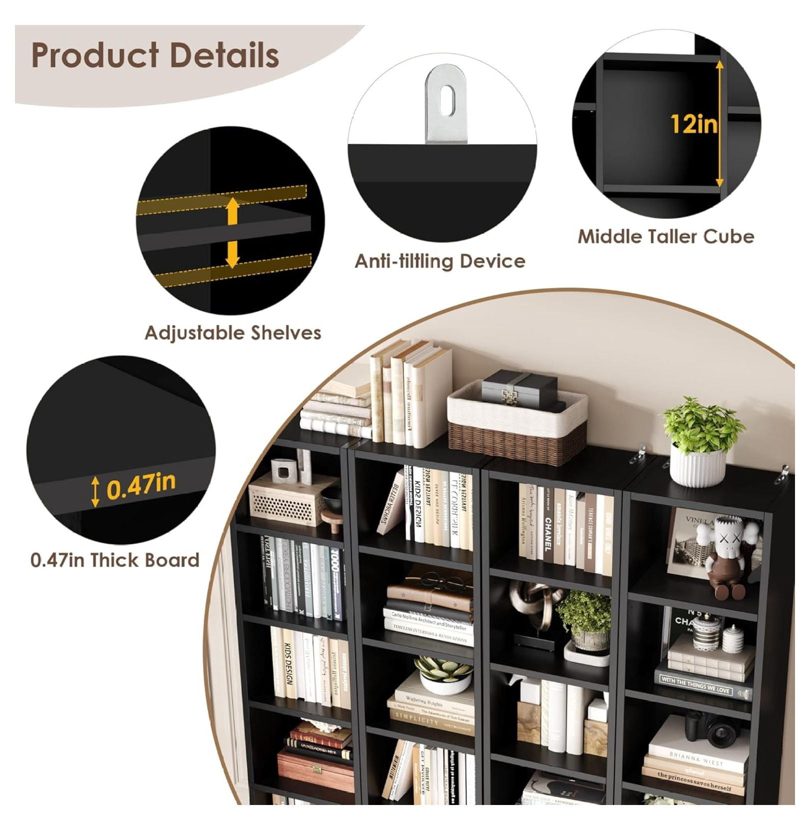 71’’ Tall Bookshelf, Triple Wide Black Bookshelf with Adjustable Shelves, 8 Tier Media Storage Tower Rack, Diaplay Cabinet Shelf, Cube Storage Organizer Shelf for Home Office, Black