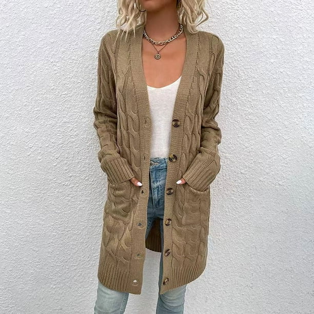 Suéter tipo cárdigan de otoño e invierno para mujer Chaqueta tipo cárdigan informal de un solo pecho y larga a la moda para mujer