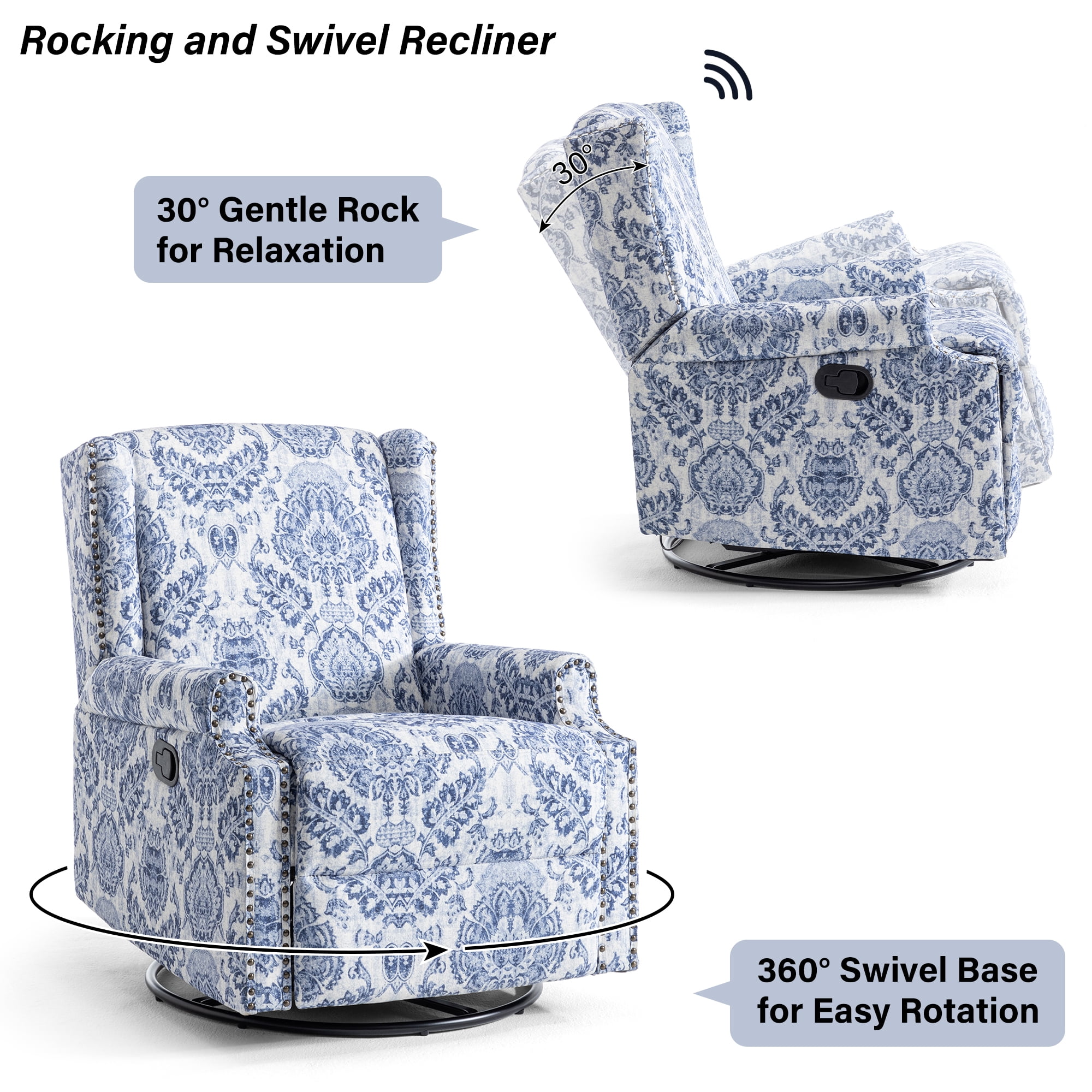 DREAMSIDEA Recliner Swivel Glider Rocker Nursery Chair for Adults, High Back Upholstered Rocking Armchair for Living Room, Manual Reclining Sofa Lounge Chair with Deep Seat in Fabric - Navy