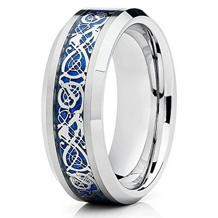 Tungsten Wedding Band Silver Polish Ring Blue Dragon Tungsten Wedding Band Silver Polish Ring Blue Dragon Carbide Bevel Edge Comfort Fit Men Women