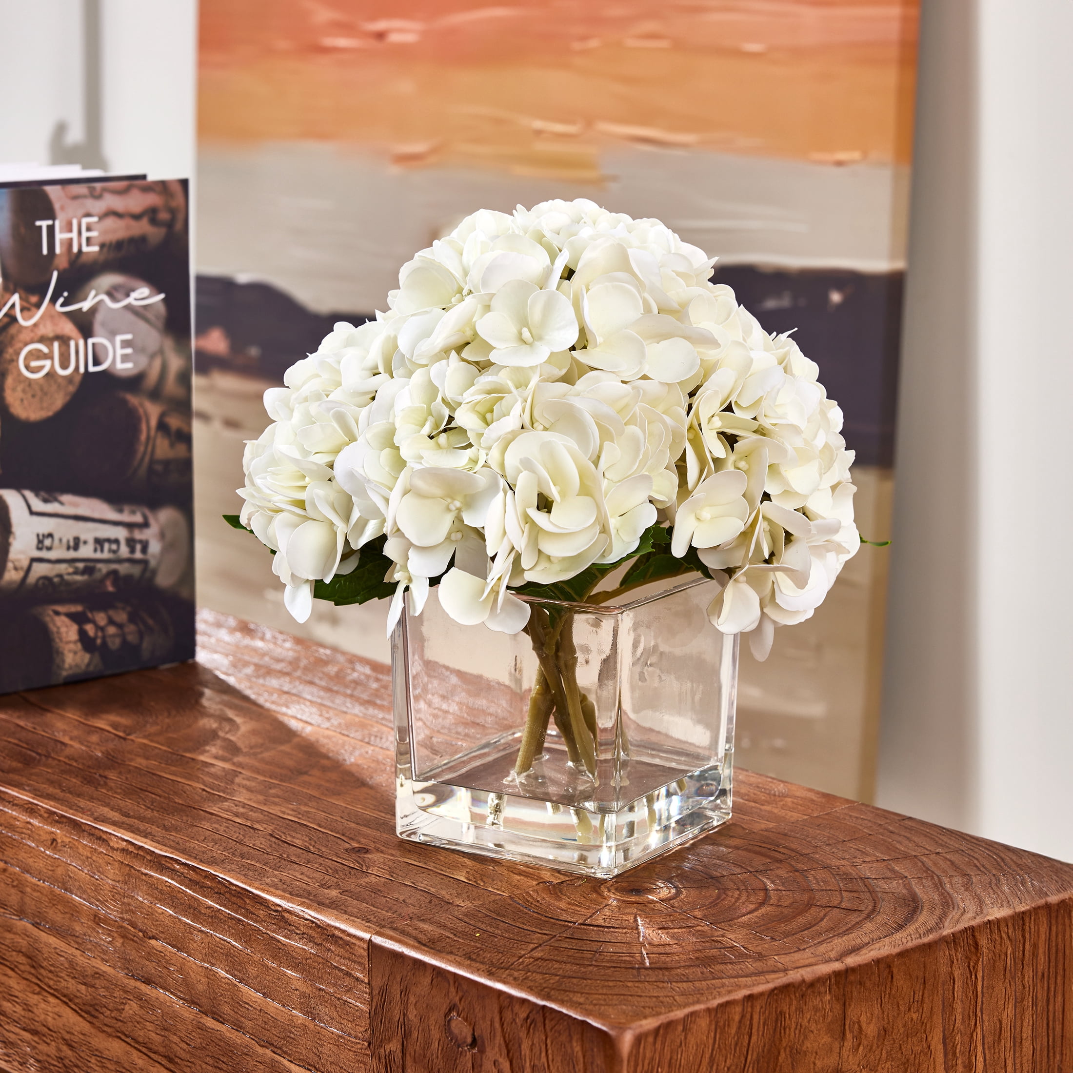 DR.Planzen 12in Artificial Hydrangea Flowers with Glass Vase, Hydrangea Artificial Flowers White Faux Hydrangea Arrangement - 90 Blooms Full Hydrangea Centerpiece for Home Table Wedding Decor Indoor