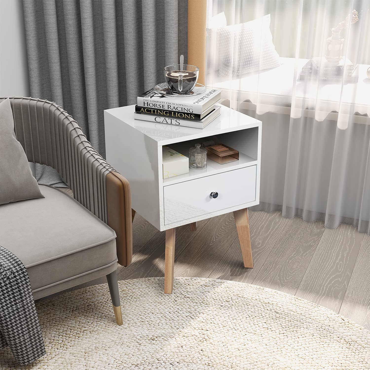 Nightstand, Side Table with Storage Drawers and Open Shelves Solid Wood