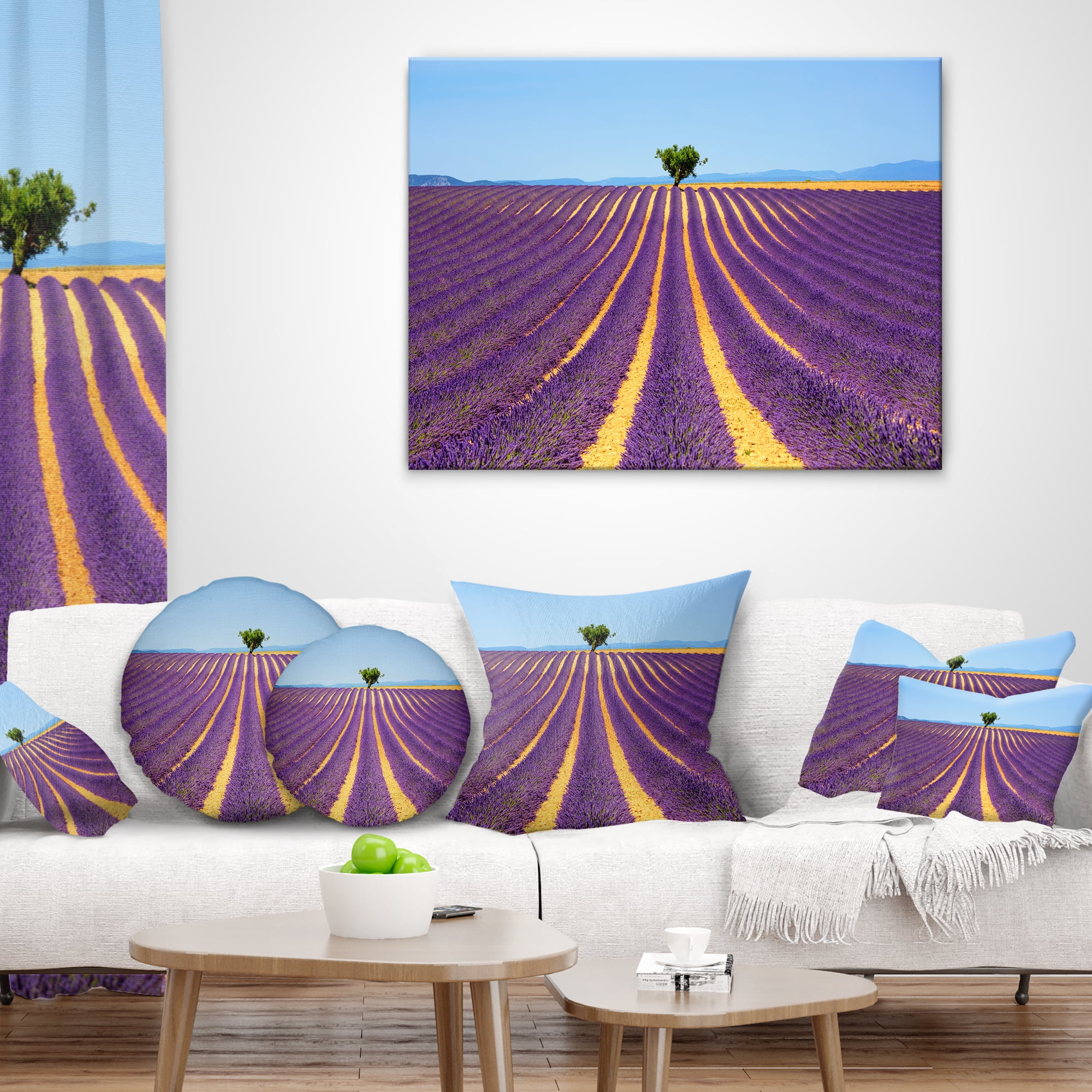 Designart Lonely Uphill Tree in Lavender Field - Landscape Wall Throw Pillow - 16x16