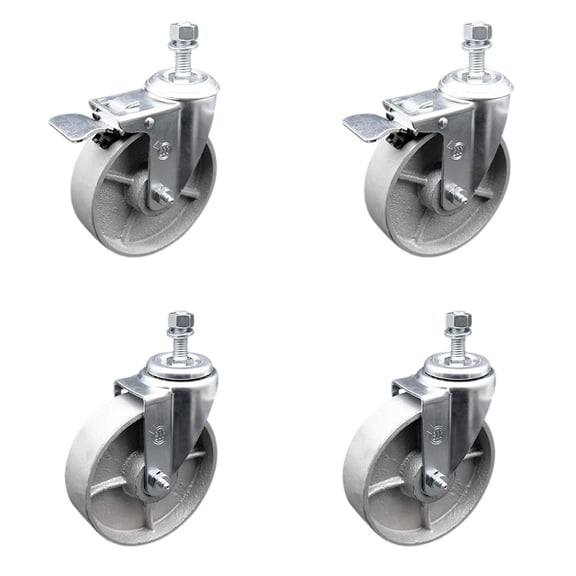 Semi Steel Swvl TS Caster Set 4 -5" Wheel&1/2" Stems-2 w/TTL BRK