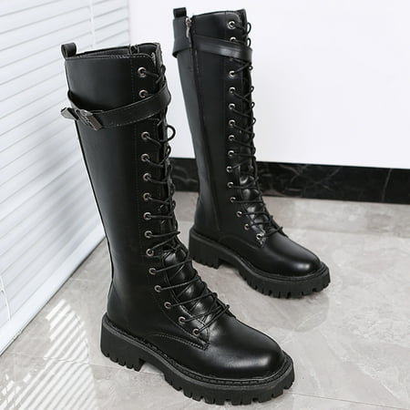 

Inkach Zipper Hasp Lacing Thick-Soled Large Size Boots Women Autumn Platform Leather Boots