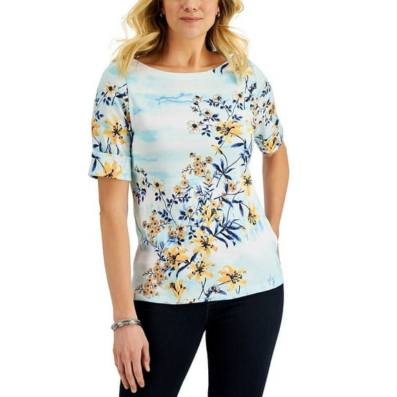 Karen Scott Women's Ocean Breeze Floral Print Elbow Sleeve Top Blue Size Small
