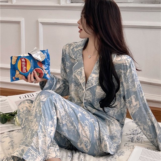 Pijama de seda Lce para mujer, pantalones de manga larga de otoño, cuadros de seda artificial fina