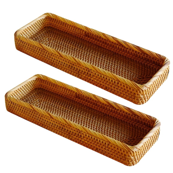 2 Pack Rattan Bathroom Vanity Tray, Handwoven Rectangular Organizer Tray, 15 x 5.1 x 2 in / 38 x 13 x 5 cm, Natural Rattan Serving Tray for Toilet Tank, Countertop, Coffee Table Decor, Brown