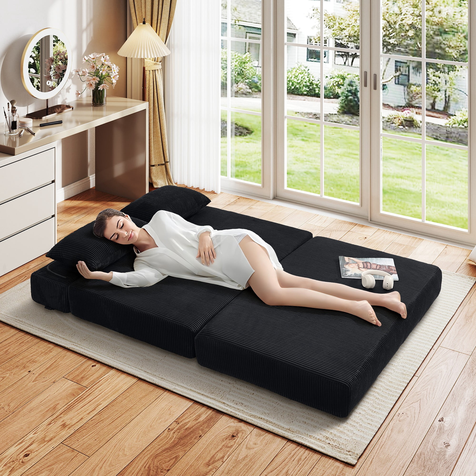 Aukfa Full Size Folding Sofa Bed, Loveseat Sleeper, Corduroy Convertible Floor Couch Mattress for Living Room, Dorm, Guest Room, Black