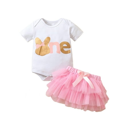 

Lamuusaa Infant Baby Girl s Easter Romper Set Short Sleeve Letters Rabbit Print Jumpsuit + Multi-Layer Tulle Skirt