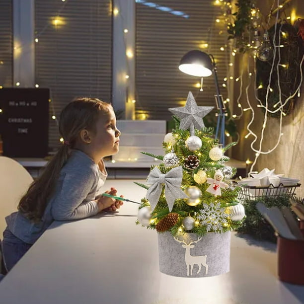 Mini Árbol de Navidad Flocado de 45 Cm de Pino Artificial Blanco con Luces Led | Pequeña Decoración Navideña de Escritorio | Base de Madera Estable | Ideal para Apartamentos, Dormitorios, Oficinas, M