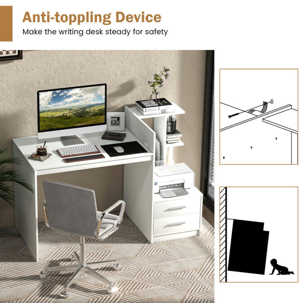Demi Bonn Computer Desk Home Office with Bookshelf and Drawers, Small Home Office Desk Study Writing Table, White